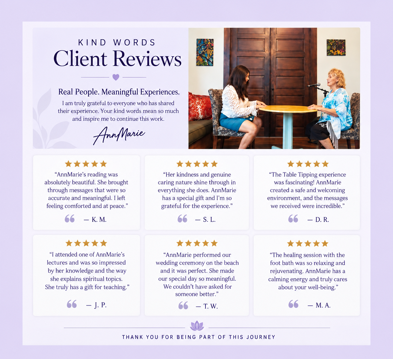 Client reviews for AnnMarie Psychic Medium featuring experiences with readings, Table Tipping, lectures, weddings and healing sessions.