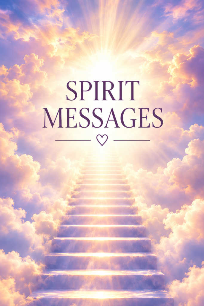 Spirit Messages with glowing stairs rising through soft clouds toward a warm heavenly light.
